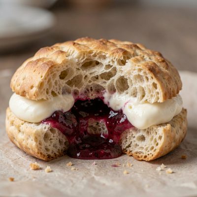a scone split with jam and cream