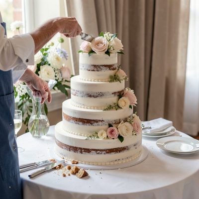 a wedding cake being assembled in tiers