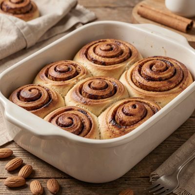 a batch of cinnamon buns in a baking dish