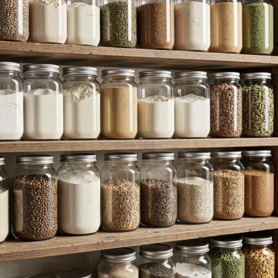 a shelf of jars with flours and grains