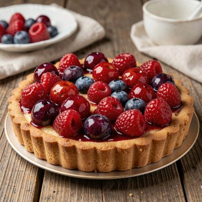 a fruit tart with glazed berries on top