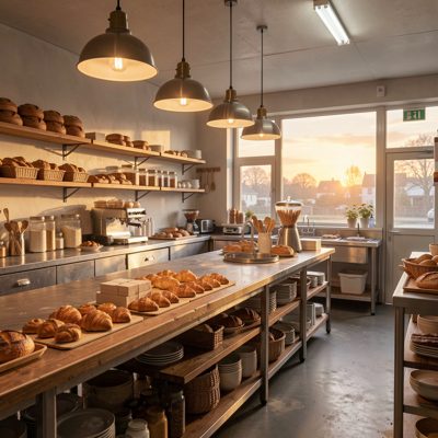 a bakery kitchen at dawn with lights on