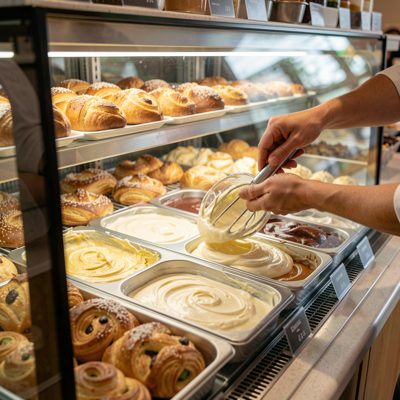 a pastry case being filled with cream
