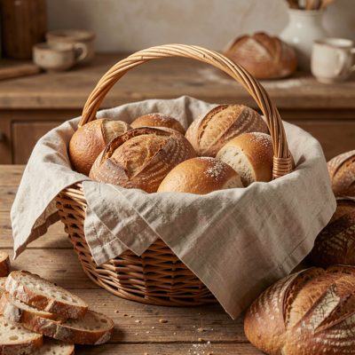 a bread basket lined with a linen cloth