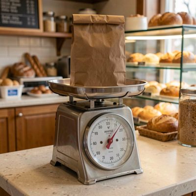 a bakery counter scale with a paper bag on it