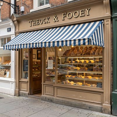 a bakery shopfront with striped awning