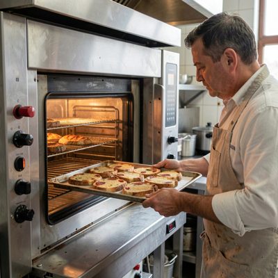 a baker sliding a tray into a rack oven