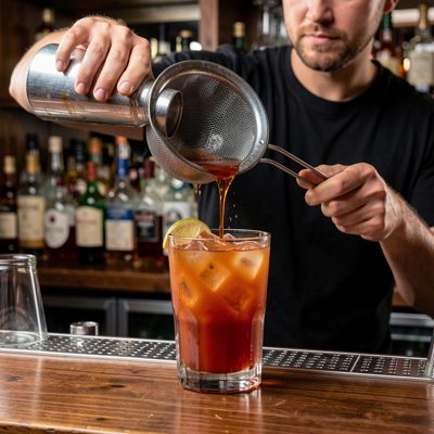 a bartender pouring a cocktail through a strainer
