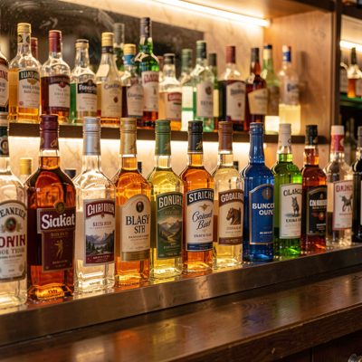 a row of spirit bottles backlit behind a bar