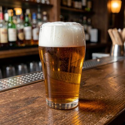 a pint of beer with a settled head on a bar top