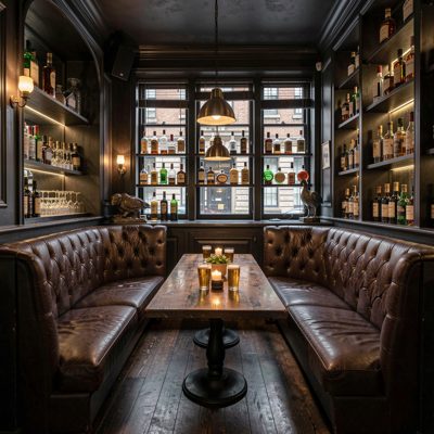 a dark bar interior with leather booths