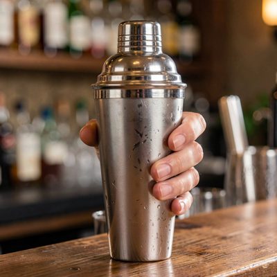 a hand shaking a cocktail shaker with ice