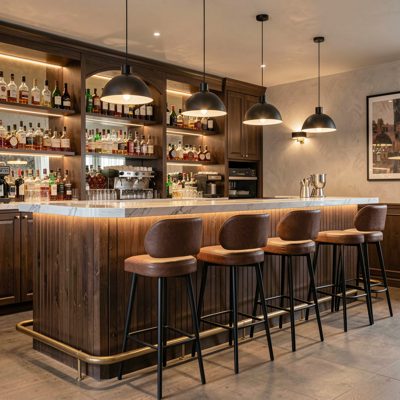 a bar counter with stools and low pendant lights
