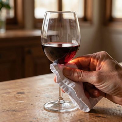 a wine glass being polished with a cloth