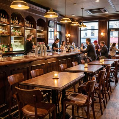 a bar at closing with chairs on tables
