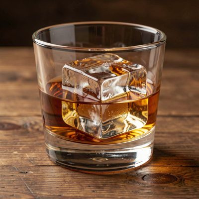 a whisky served over a large ice cube