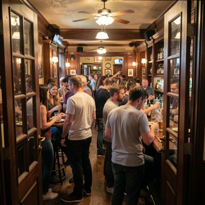 a crowded bar seen through the doorway