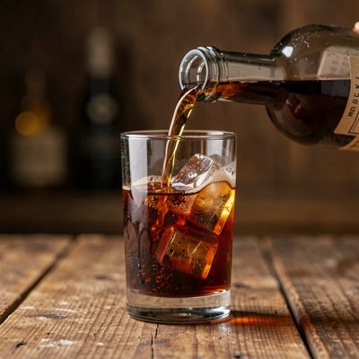 a barrel aged cocktail being poured from a bottle