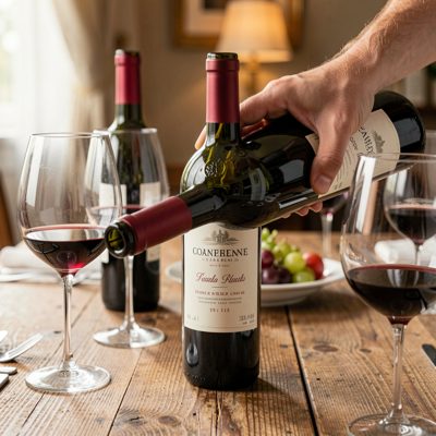 a bottle of red wine being opened at a table