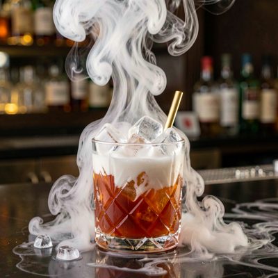 a cocktail with smoke rising from dry ice