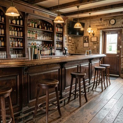 an old pub interior with a dark wooden bar