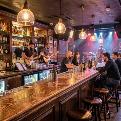 a bar with a live band playing in the corner