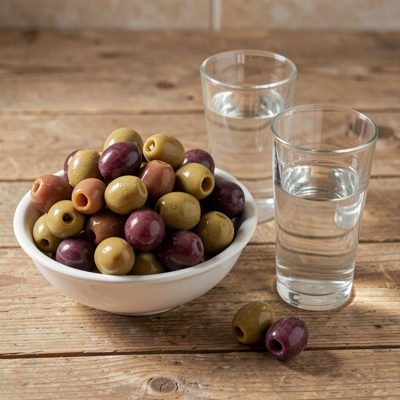 a bowl of olives beside two glasses