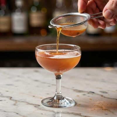 a cocktail being strained into a coupe