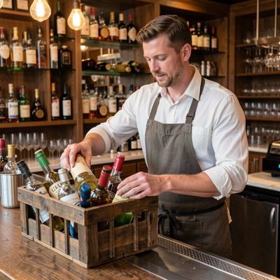 a bar back restocking bottles from a crate