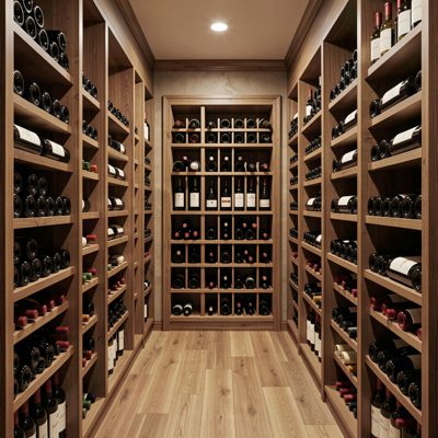 a wine cellar with bottles in racks