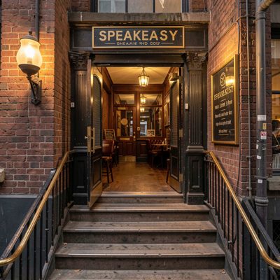 a speakeasy entrance down a set of stairs