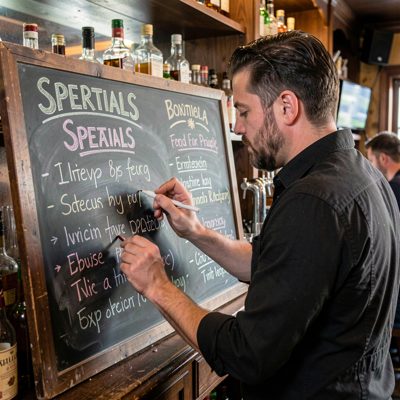 a bartender writing on a chalk specials board