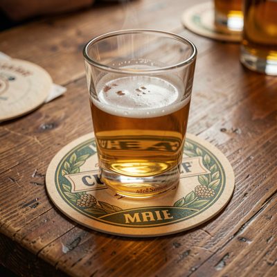 a beer mat with a glass resting on it