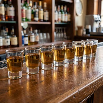 a shot glass row lined up on the bar