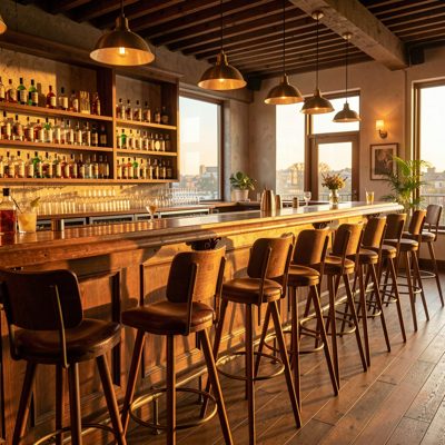 a cocktail bar at golden hour with empty stools