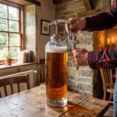 a hand pump ale being served in a country pub