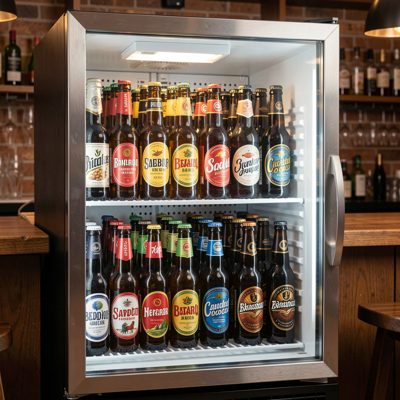 a bar fridge stocked with bottled beers