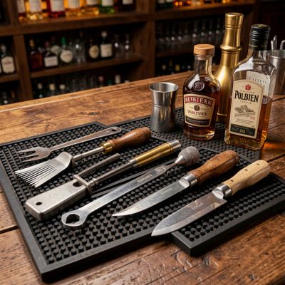a bartender's tools laid out on a bar mat
