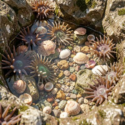 a rock pool with anemones and shells