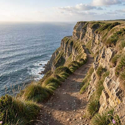 a coastal cliff path with sea beyond