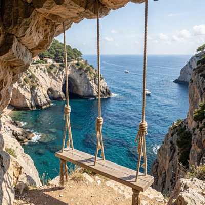 a rope swing hanging over a cove