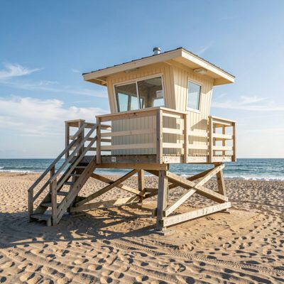 a lifeguard tower on an empty beach
