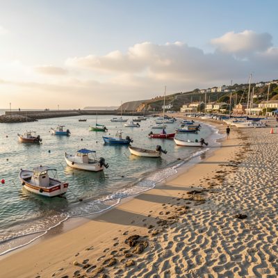 a harbour beach with small boats