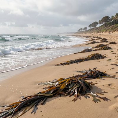 a beach after a storm with scattered seaweed