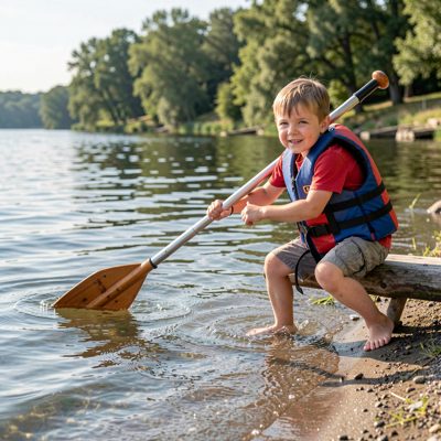 a paddling child at the water's edge