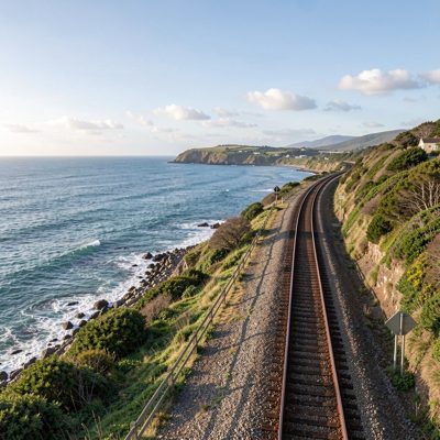 a coastal railway line beside the sea