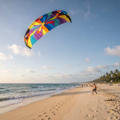 a kite flying over a wide beach