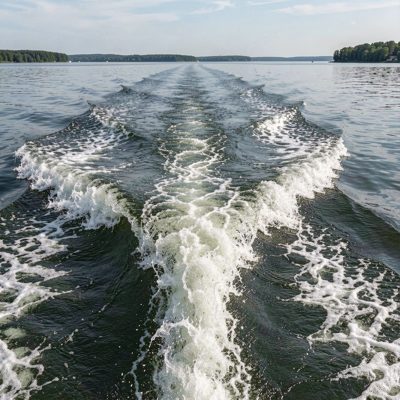 a boat wake spreading across calm water