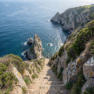 a cliff staircase down to a cove