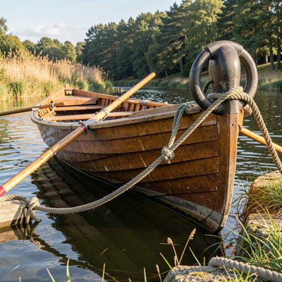a rowing boat tied to a mooring ring